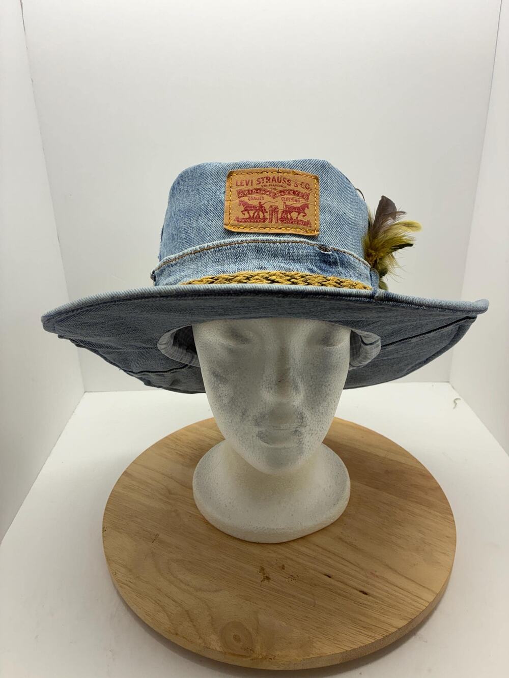 Handmade Upcycled Levi's Denim Bucket Hat – Pheasant Feathers, Size Medium